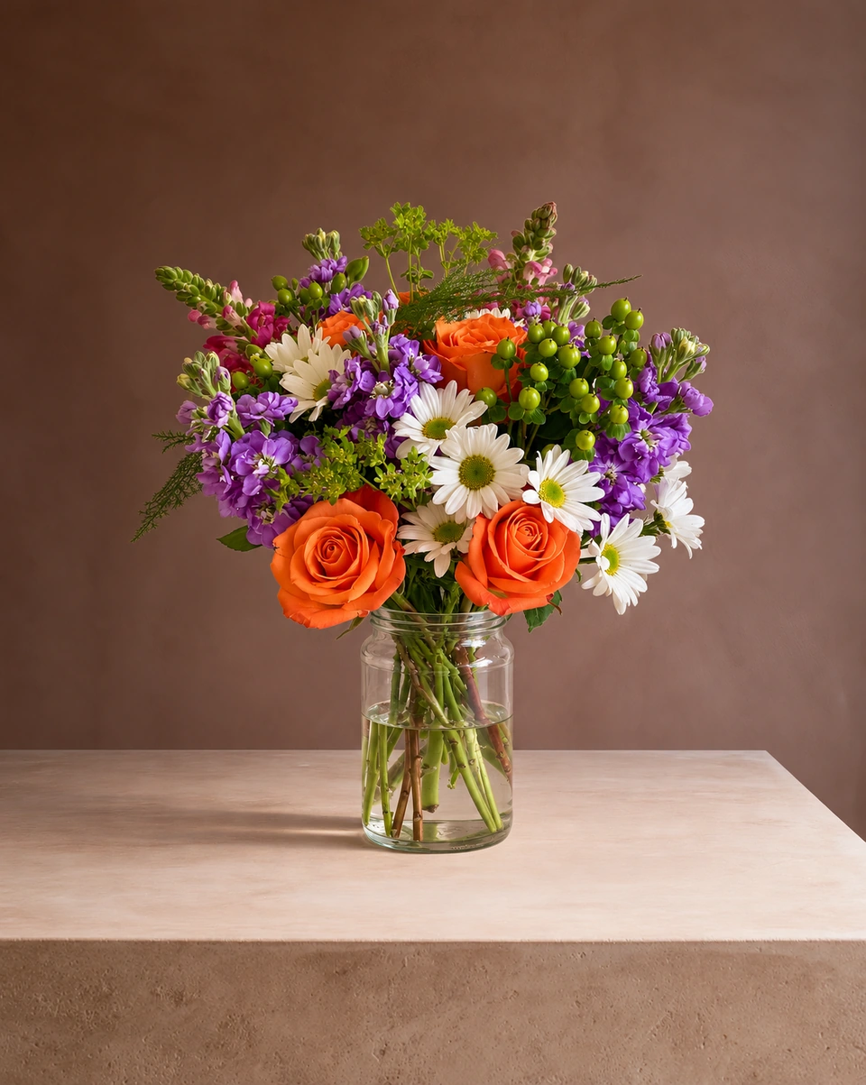 Illustrative test example: mixed jar arrangement on a warm terracotta block
