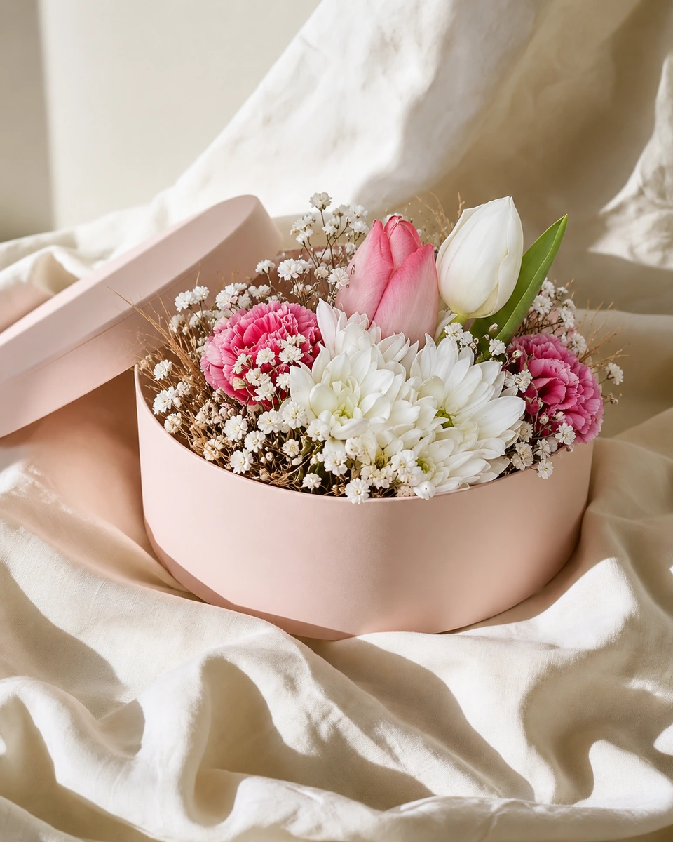 Illustrative test example: tulips arranged in a blush hatbox, styled on purpose
