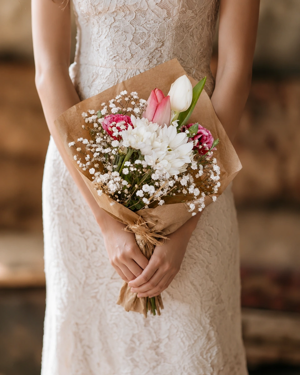 Illustrative test example: wrapped tulip bouquet held by a bride in lace