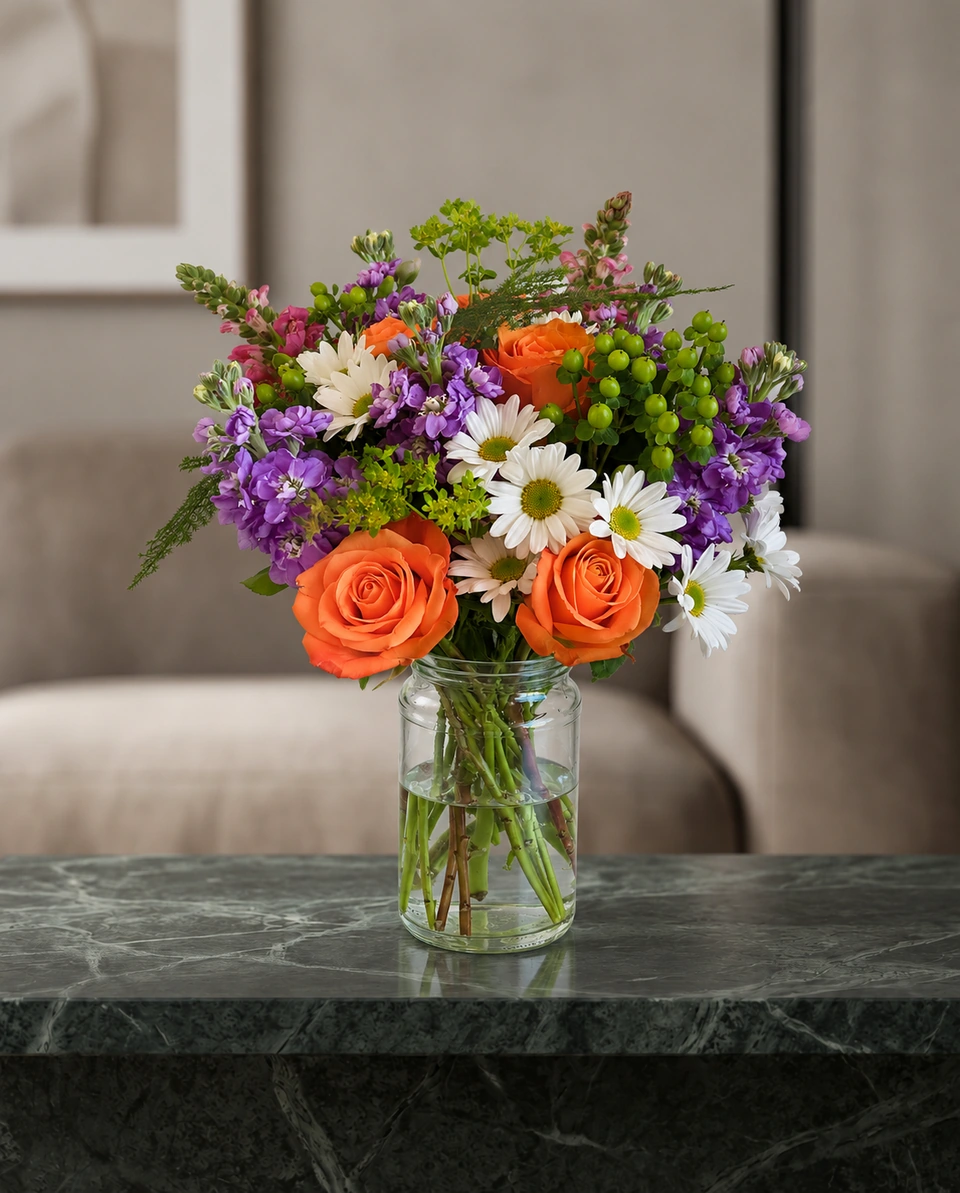Illustrative test example: Mixed arrangement in a glass jar on a green marble table in a softly lit lounge