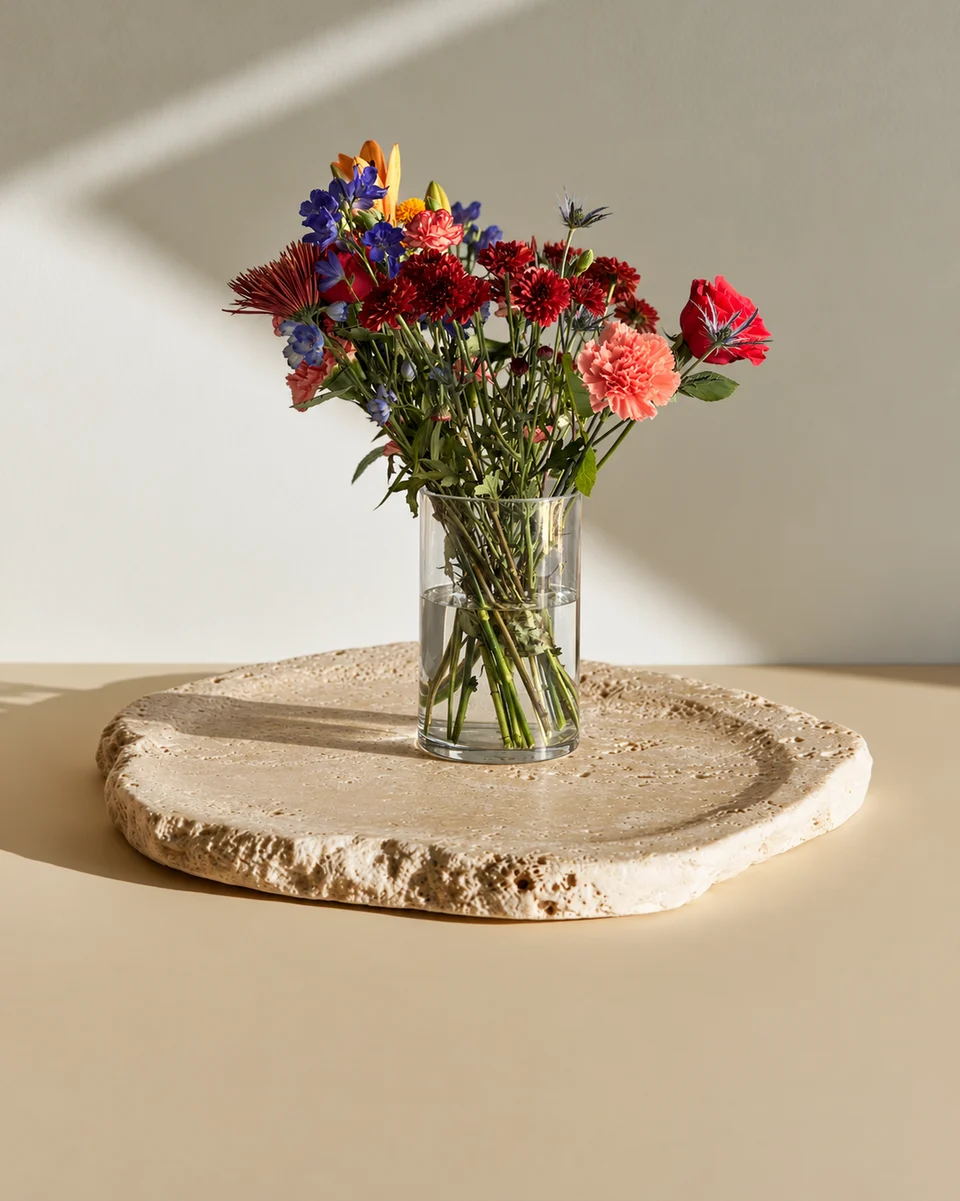 Illustrative test example: Mixed arrangement of carnations, chrysanthemums and delphinium in a glass vase on a travertine tray in afternoon sun