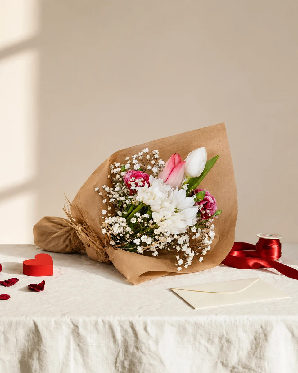 Illustrative test example: Kraft-wrapped bouquet of tulips and gypsophila on linen with a red heart and an envelope