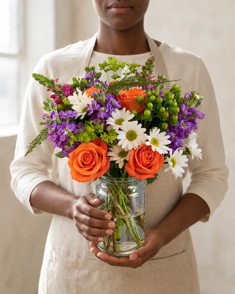 Example with sample flowers: a vase arrangement in the In the maker’s hands room, kept as made