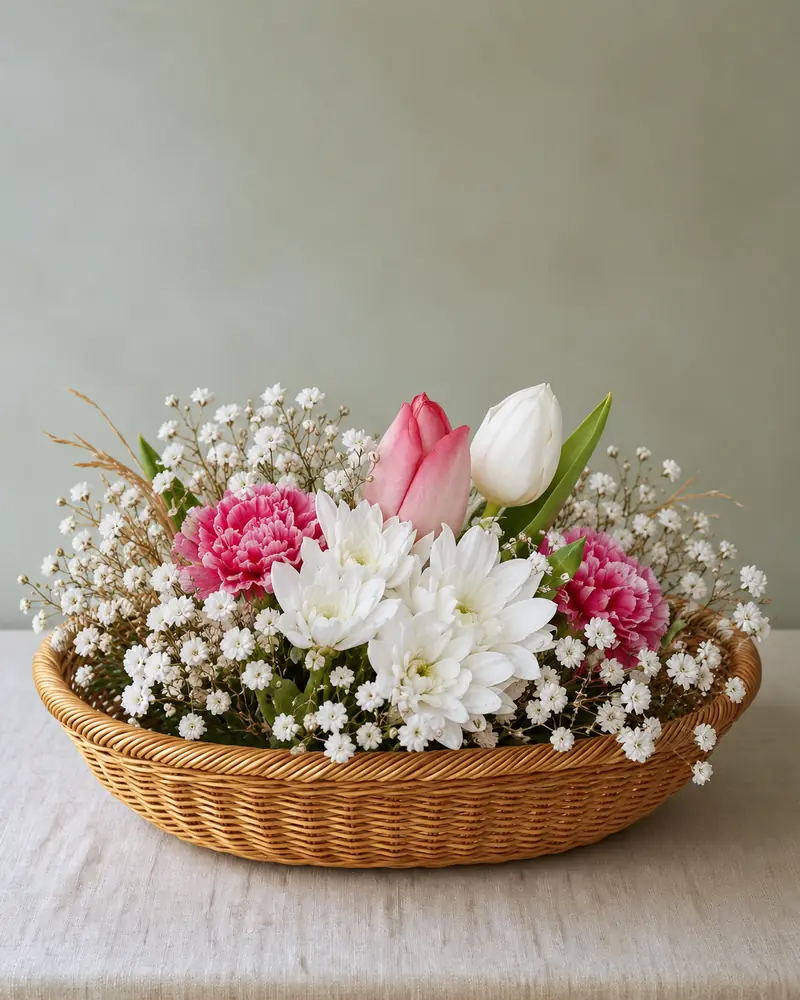 Example with sample flowers: a wrapped bouquet in the Low rattan basket · sage room, moved into our basket