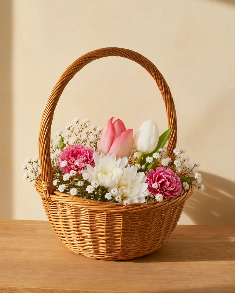 Example with sample flowers: a wrapped bouquet in the Willow basket · handle room, moved into our basket
