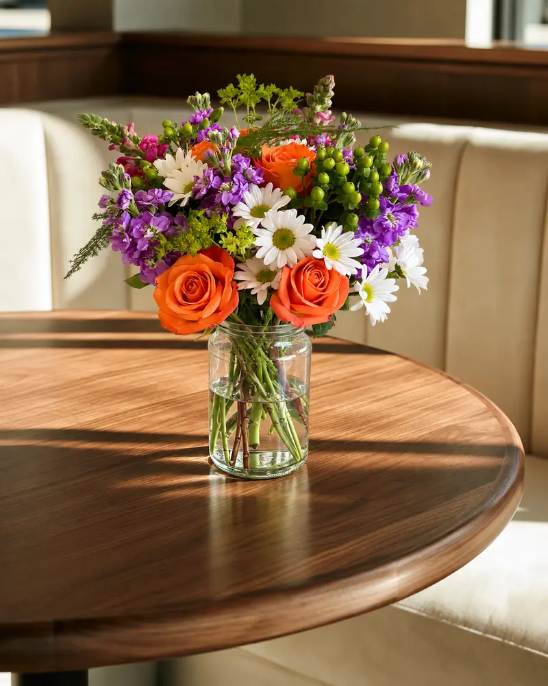 Example with sample flowers: a vase arrangement in the The corner café room, kept as made
