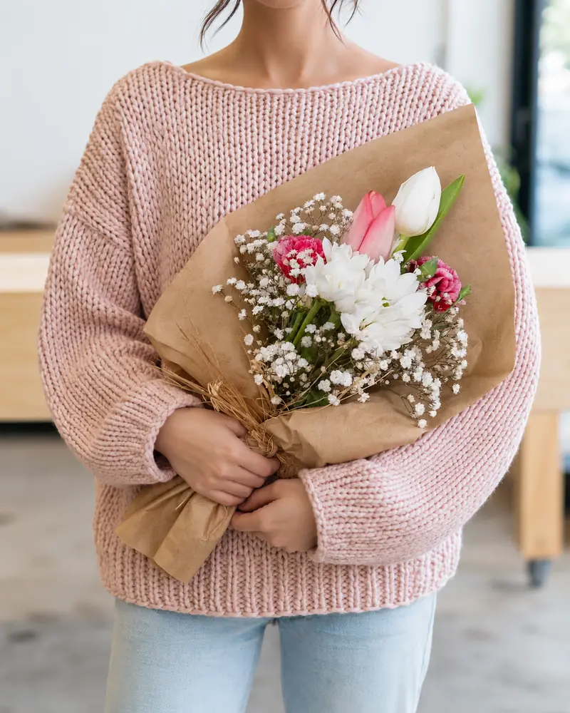 Example with sample flowers: a wrapped bouquet in the Pink knit · an armful room, kept as made