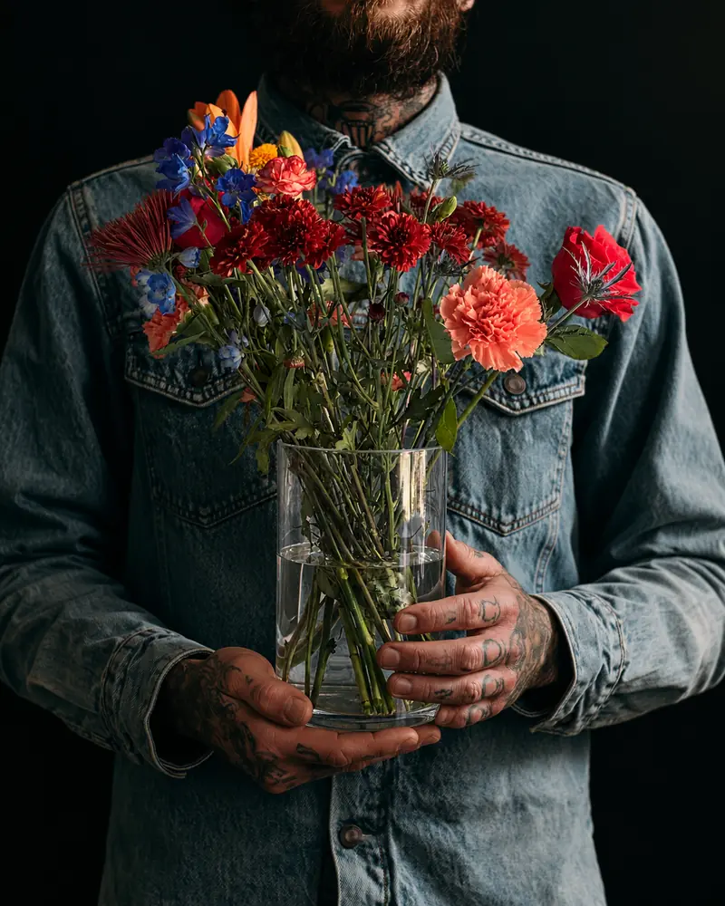 Example with sample flowers: a vase arrangement in the Denim jacket · dark studio room, kept as made