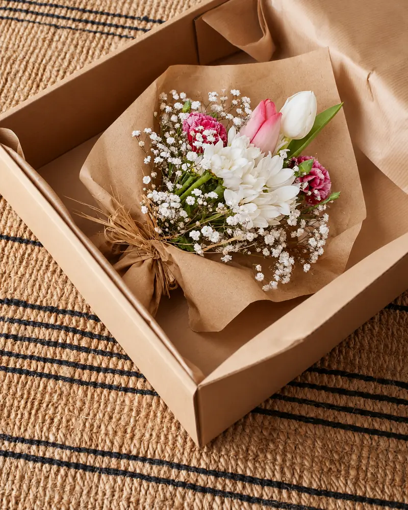 Example with sample flowers: a wrapped bouquet in the Open gift box · jute rug room, kept as made