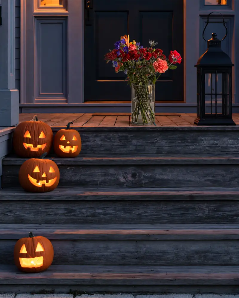 Example with sample flowers: a vase arrangement in the Halloween · porch steps room, kept as made