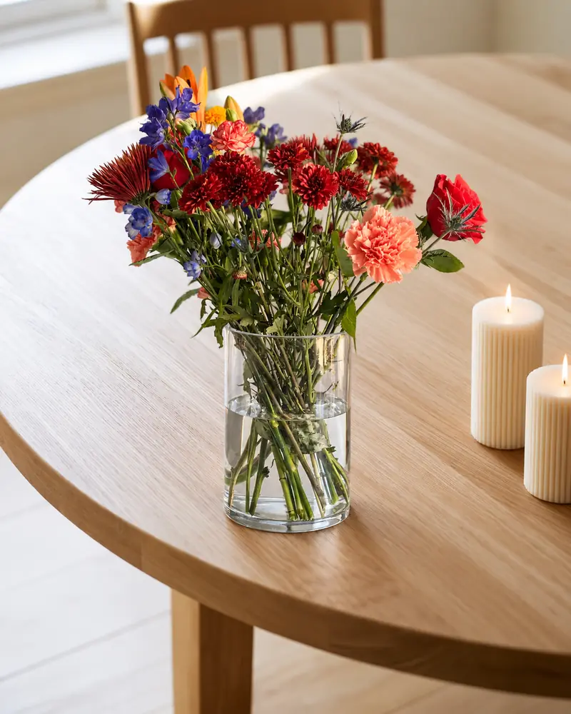 Example with sample flowers: a vase arrangement in the Round oak table · candles room, kept as made