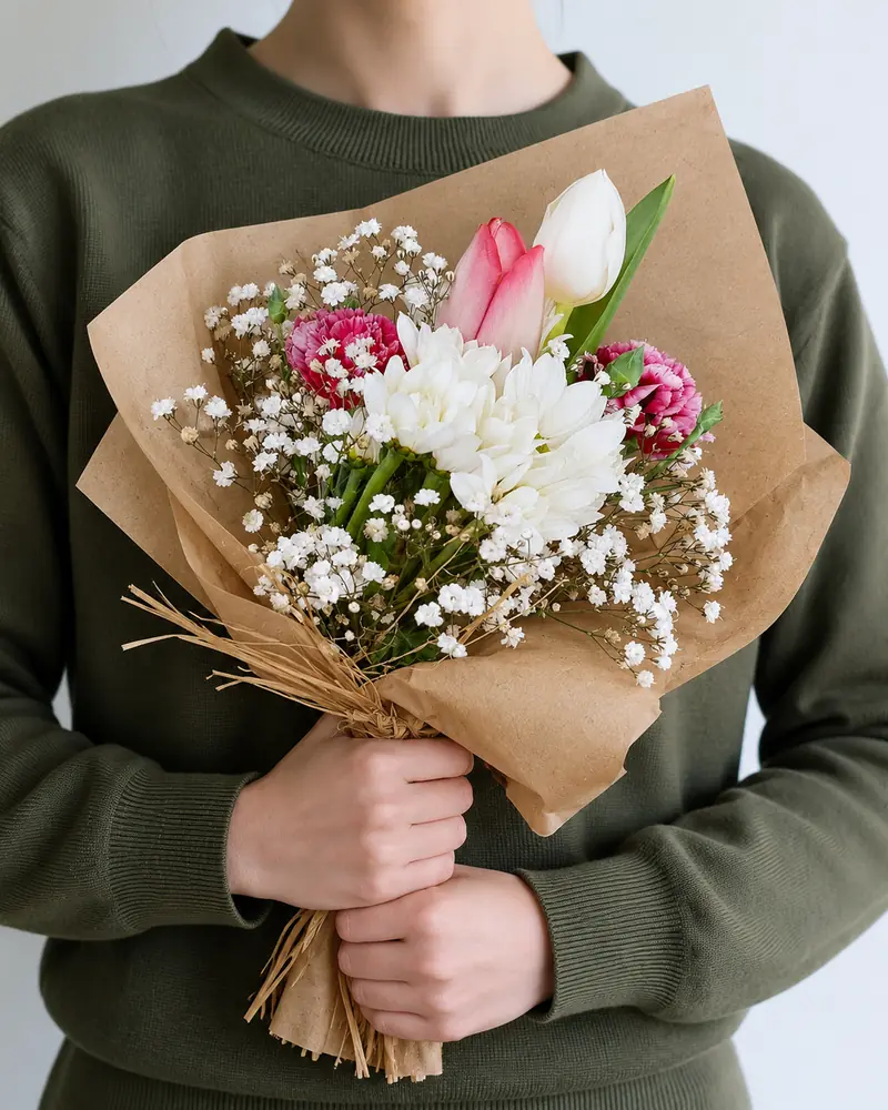 Example with sample flowers: a wrapped bouquet in the Olive sweater · held out room, kept as made