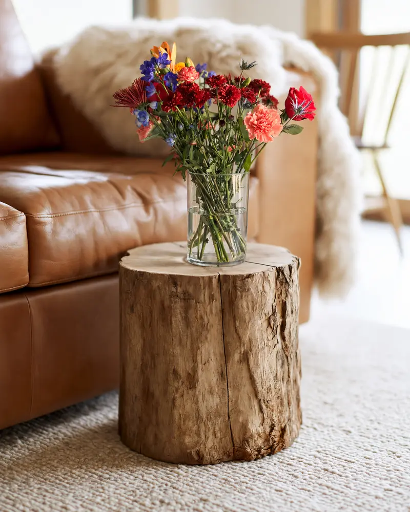 Example with sample flowers: a vase arrangement in the Tree-stump table · leather sofa room, kept as made