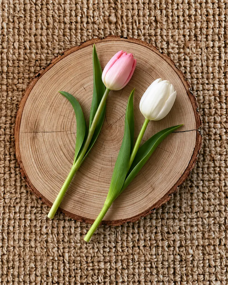 Example with sample flowers: loose flowers in the Wood slice · from above room, kept as made