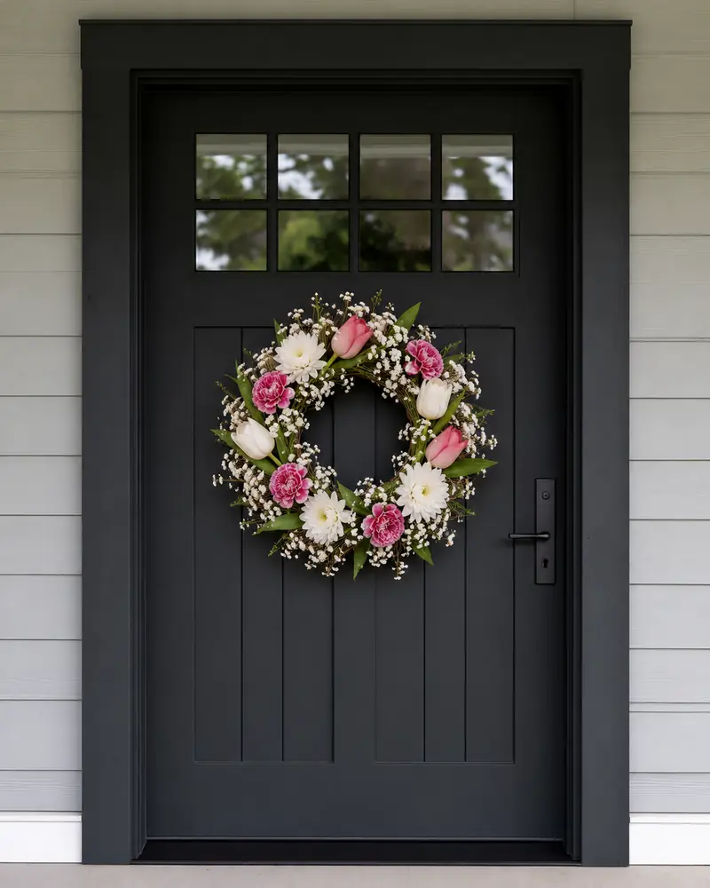 Example with sample flowers: a wrapped bouquet in the Wreath · black door room, made into a wreath
