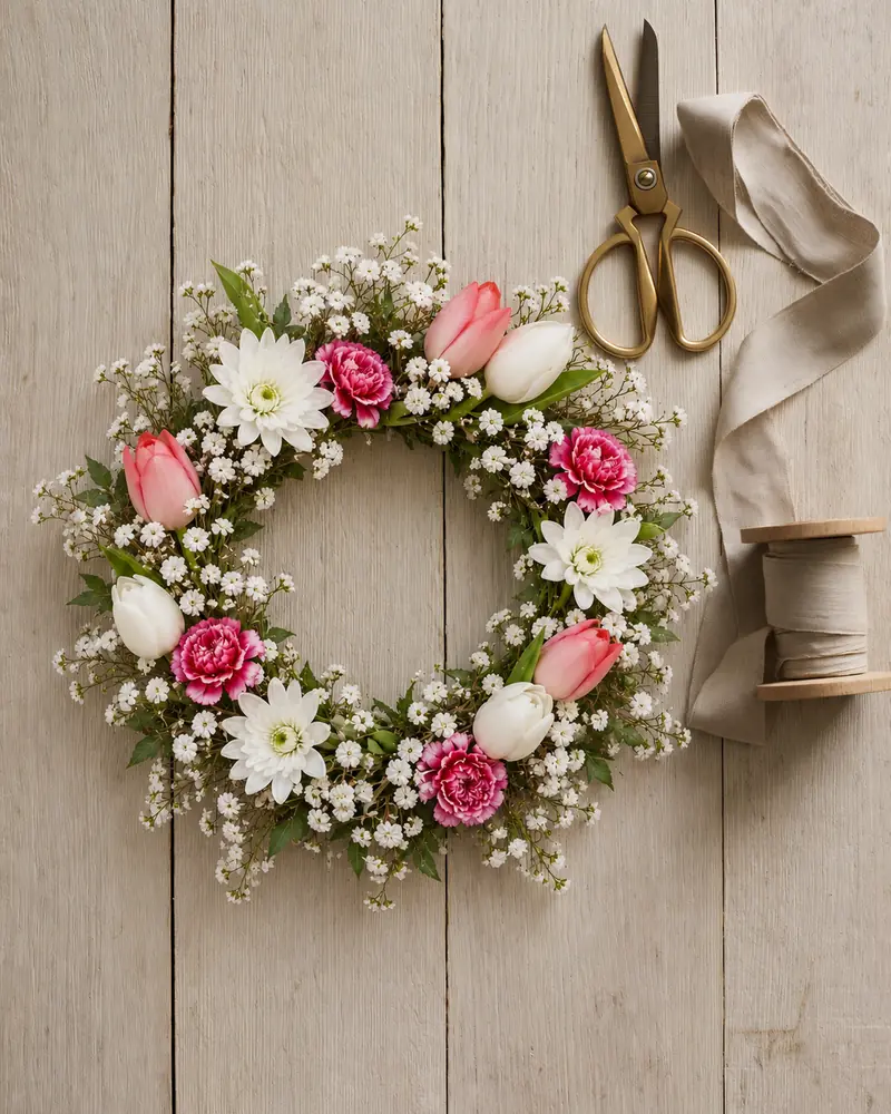 Example with sample flowers: a wreath in the Wreath · oak table from above room, kept as made
