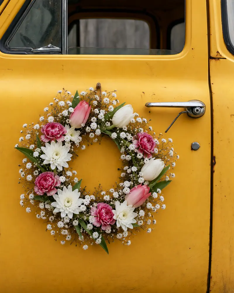 Example with sample flowers: a wrapped bouquet in the Wreath · vintage yellow truck room, made into a wreath