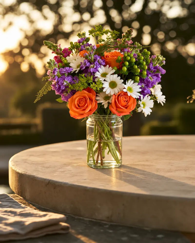 Example with sample flowers: a vase arrangement in the Stone table · golden hour room, kept as made