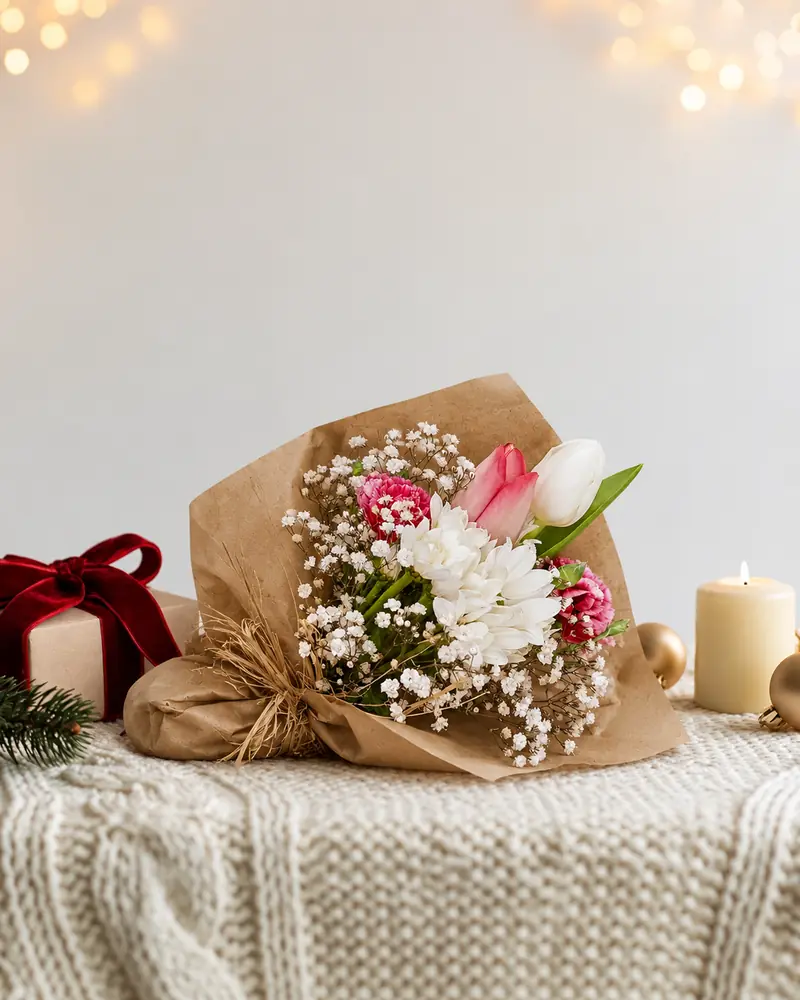 Example with sample flowers: a wrapped bouquet in the Christmas gift table room, kept as made