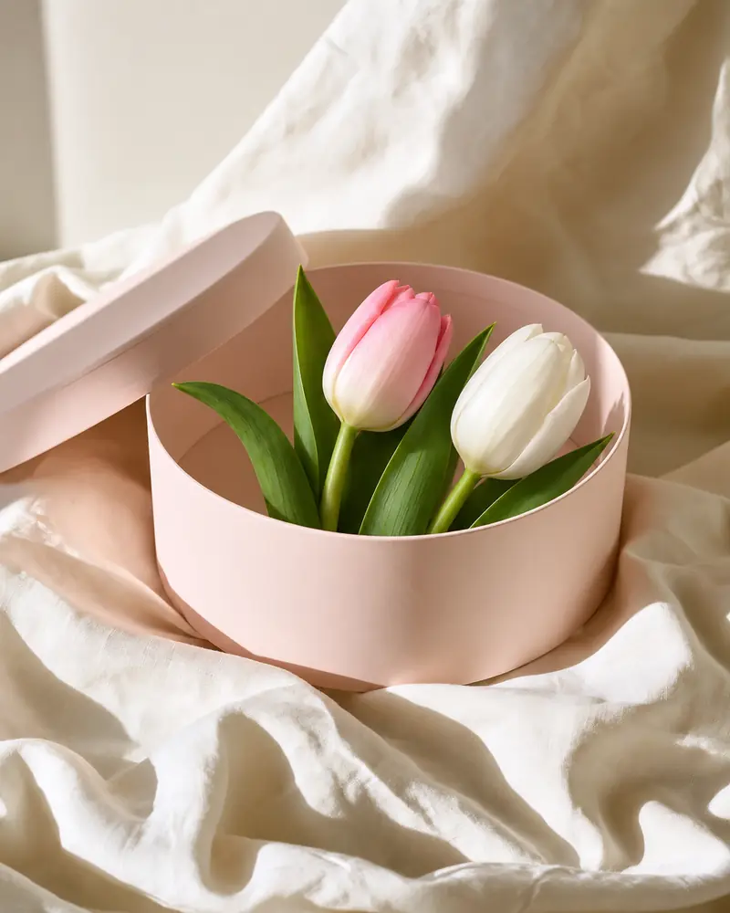 Example with sample flowers: loose flowers in the Blush hatbox · lid off room, moved into our hat box