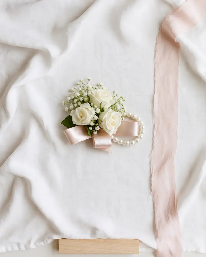 Example with sample flowers: a wrist corsage in the Linen flat-lay room, kept as made