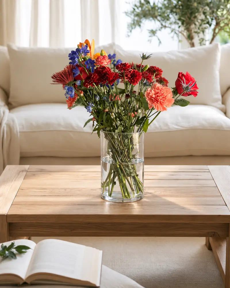 Example with sample flowers: a vase arrangement in the Cosy living room room, kept as made