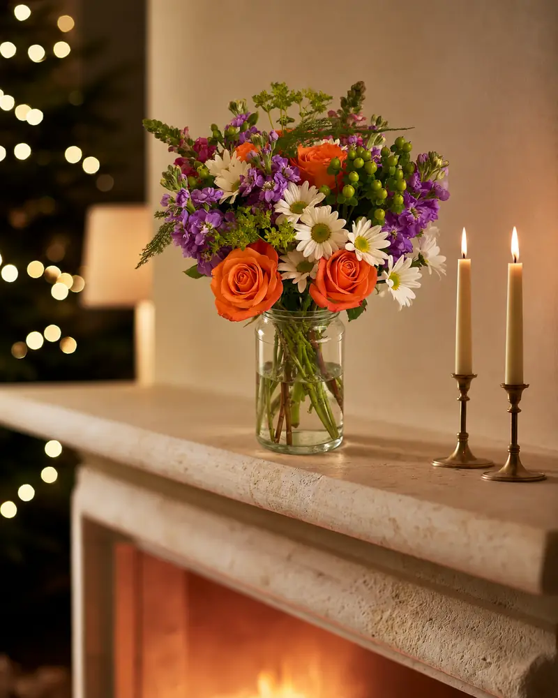 Example with sample flowers: a vase arrangement in the Stone mantel · firelight room, kept as made