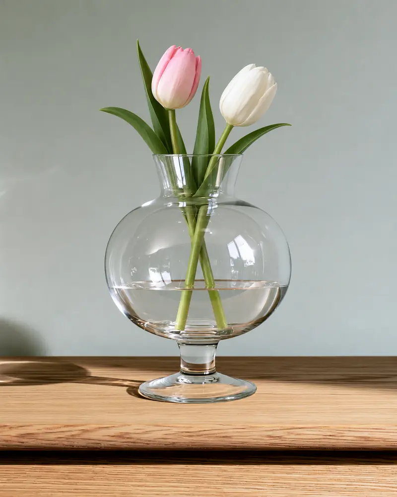Example with sample flowers: loose flowers in the Clear glass display room, moved into our vase