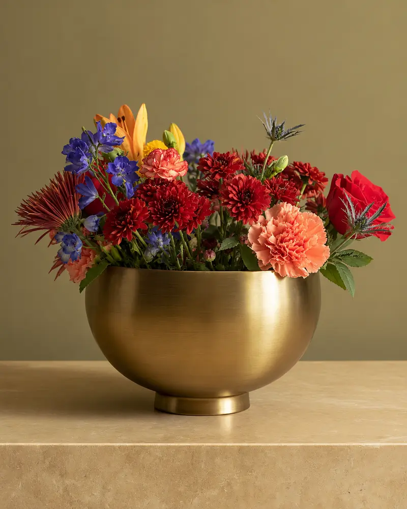 Example with sample flowers: a vase arrangement in the Brushed brass display room, moved into our vase