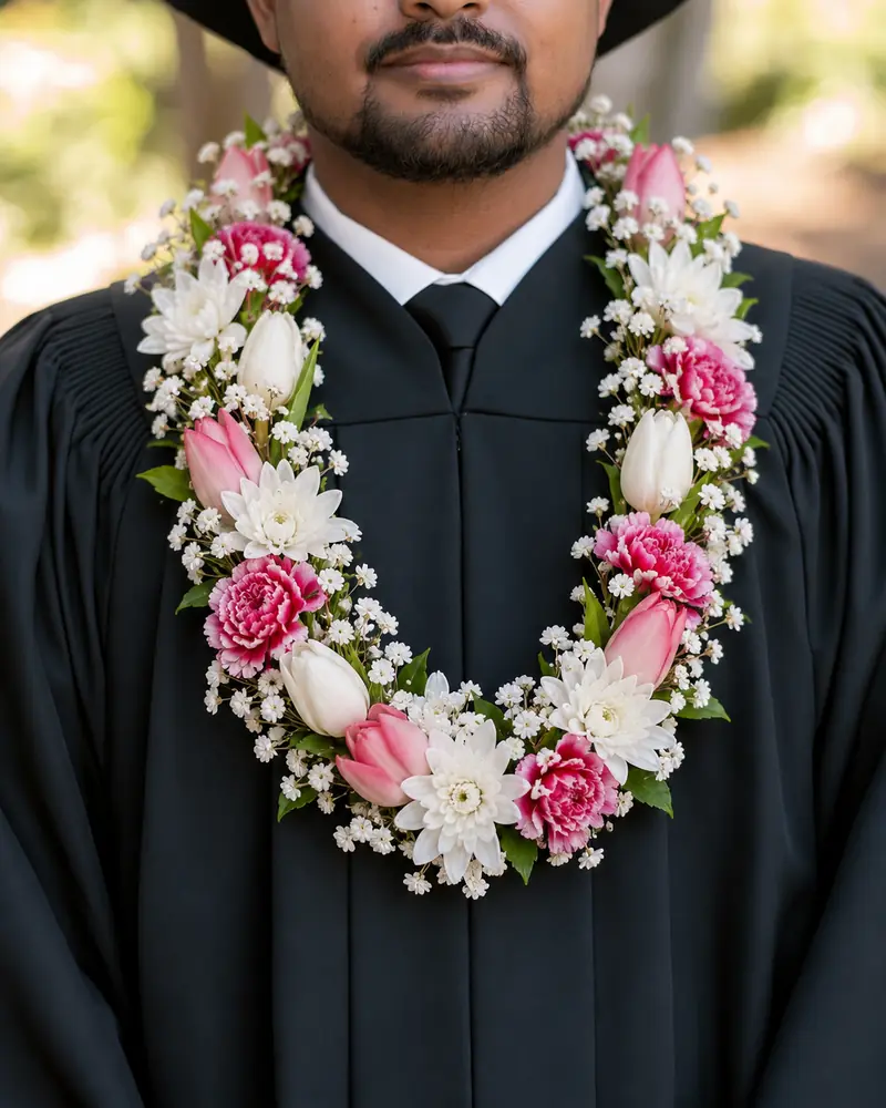 Example with sample flowers: a wrapped bouquet in the Graduation close-up room, made into a lei