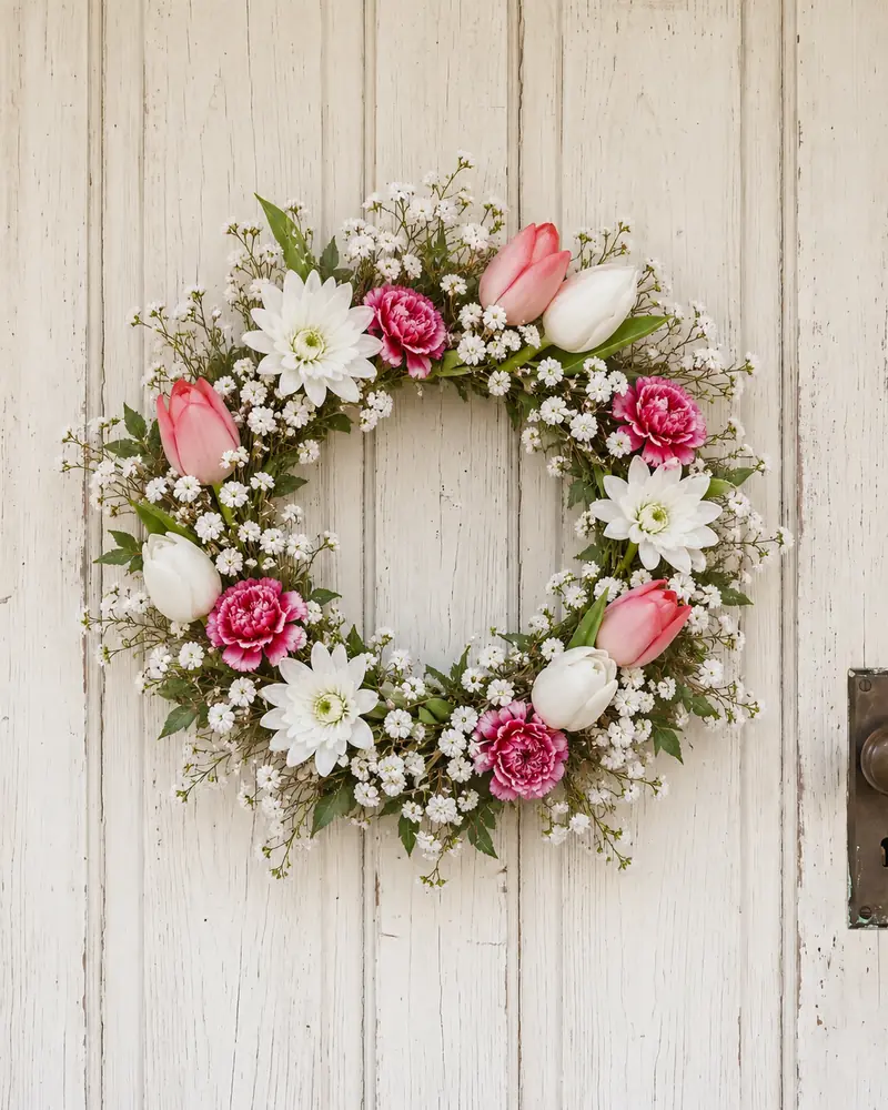 Example with sample flowers: a wrapped bouquet in the Weathered white door room, made into a wreath