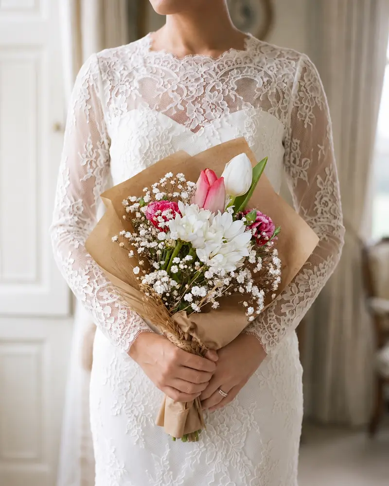 Example with sample flowers: a wrapped bouquet in the Bride · long-sleeve lace room, kept as made