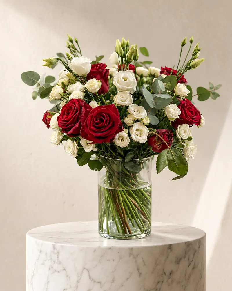 Example with sample flowers: a vase arrangement in the Warm marble gallery room, kept as made