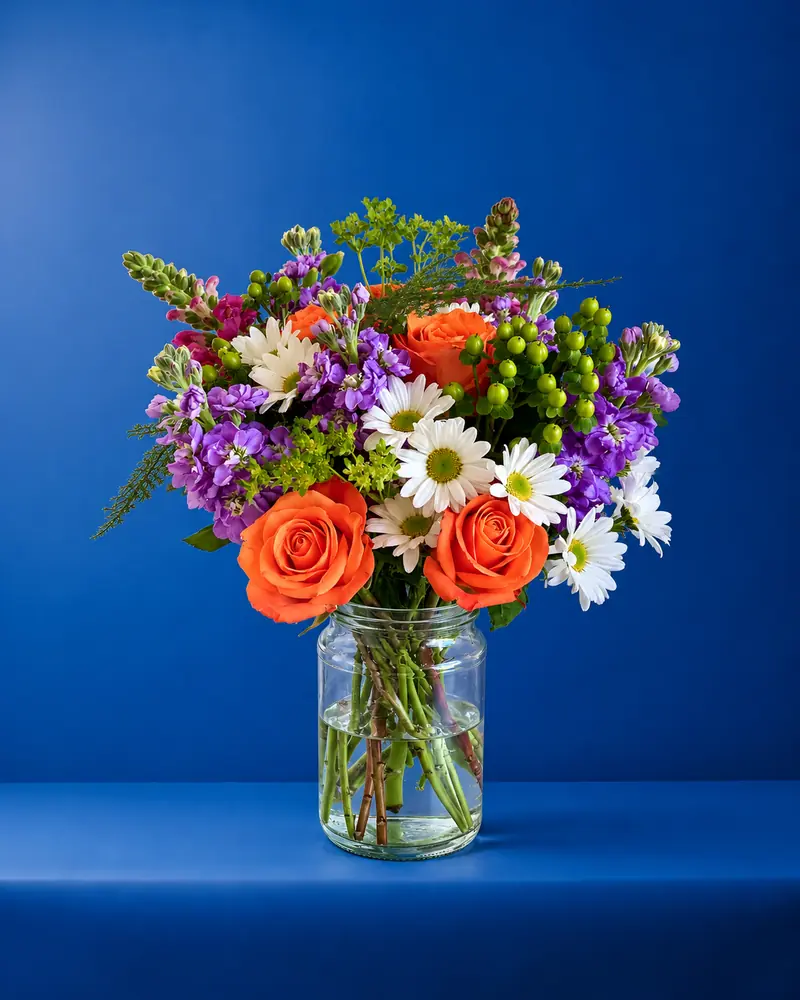 Example with sample flowers: a vase arrangement in the Colour studio · cobalt room, kept as made