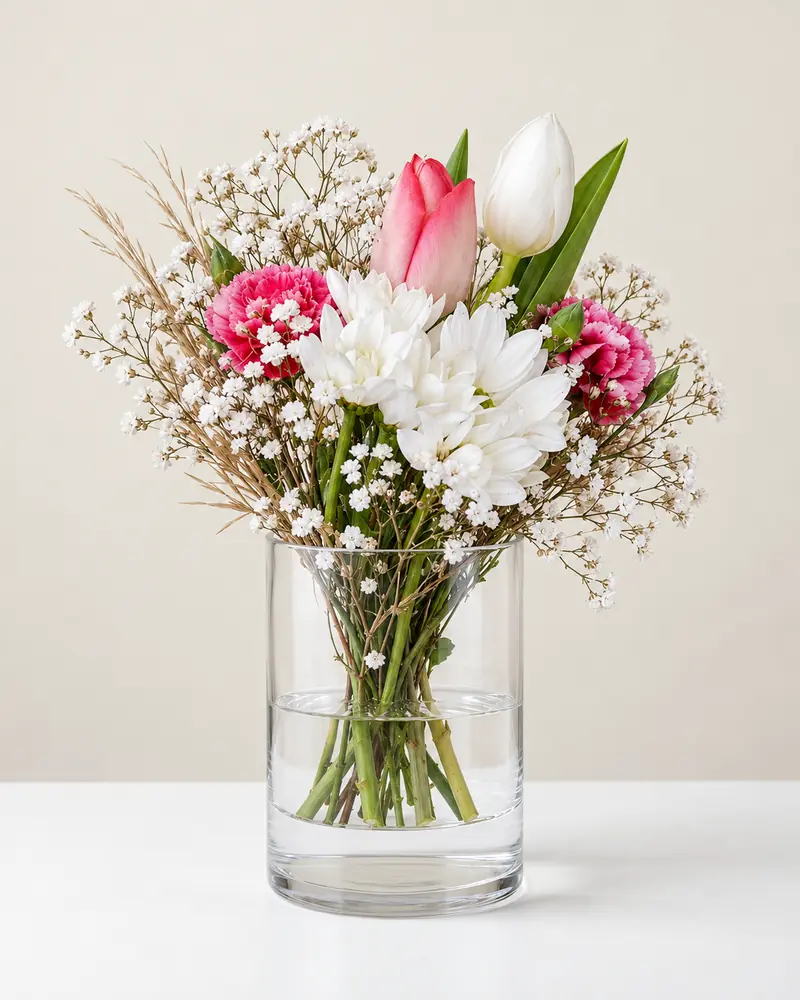 Example with sample flowers: a wrapped bouquet in the Florist vase · clear cylinder room, moved into our vase