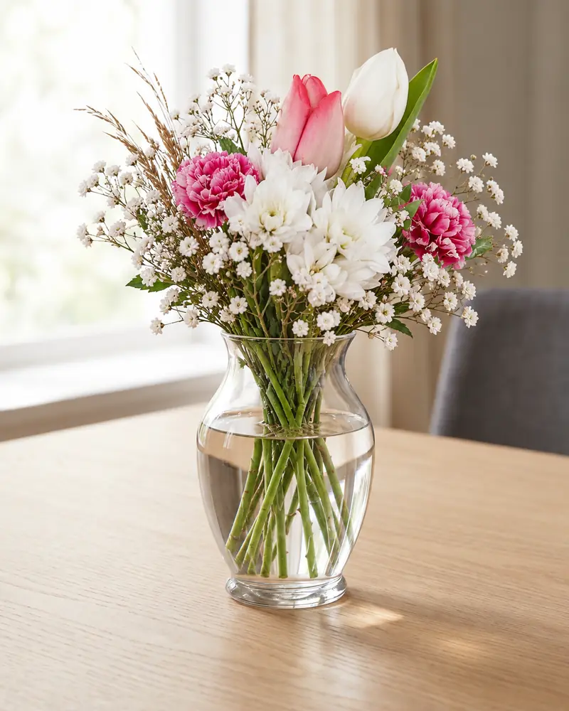 Example with sample flowers: a wrapped bouquet in the Florist vase · hourglass room, moved into our vase