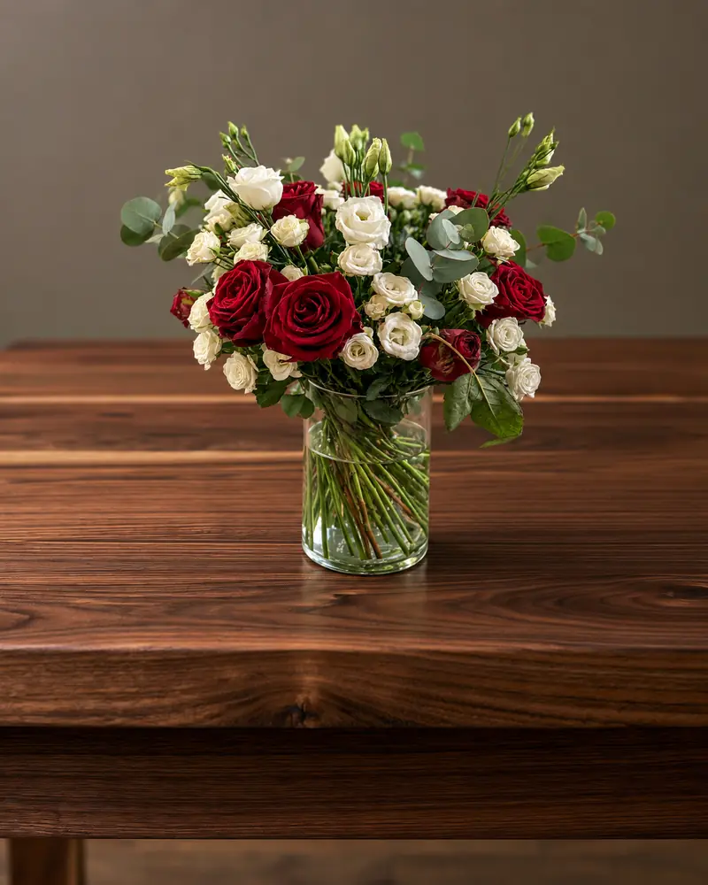Example with sample flowers: a vase arrangement in the Walnut heritage room, kept as made