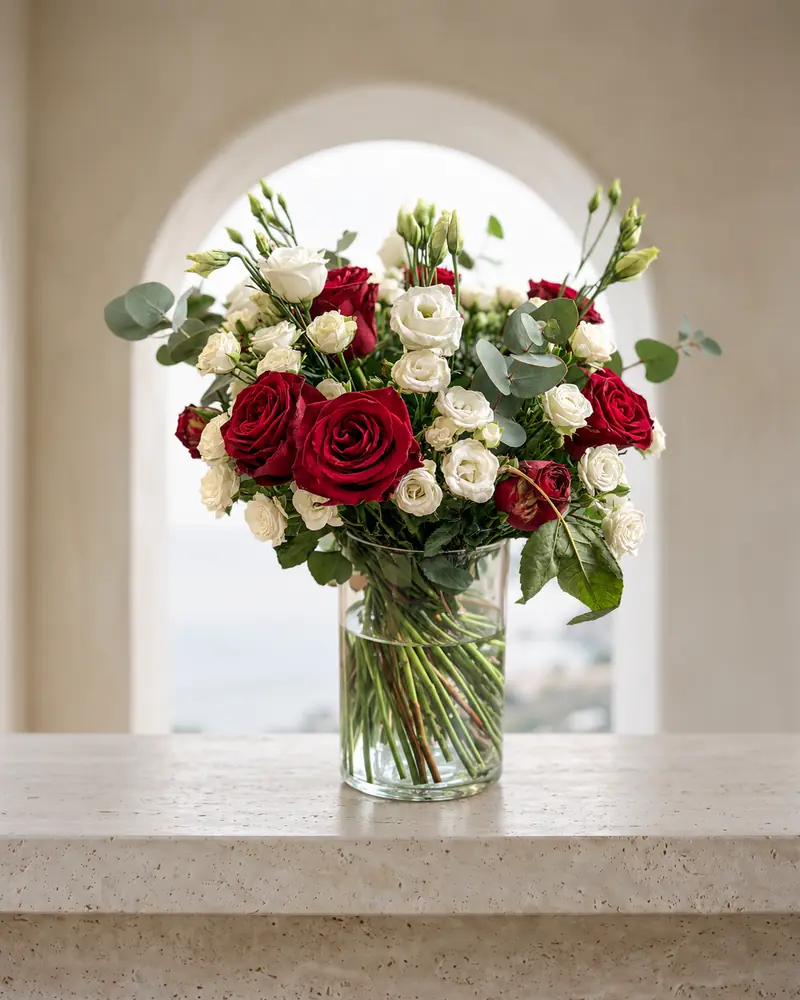 Example with sample flowers: a vase arrangement in the Coastal arch room, kept as made