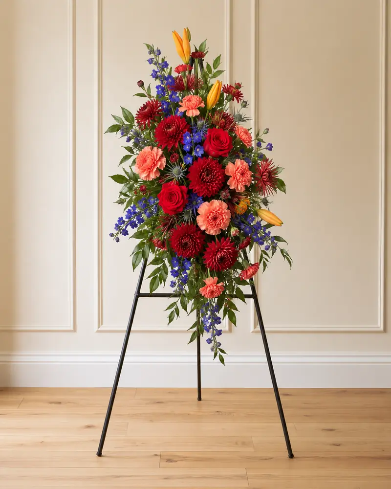 Example with sample flowers: a vase arrangement in the Standing display easel room, made into a standing spray