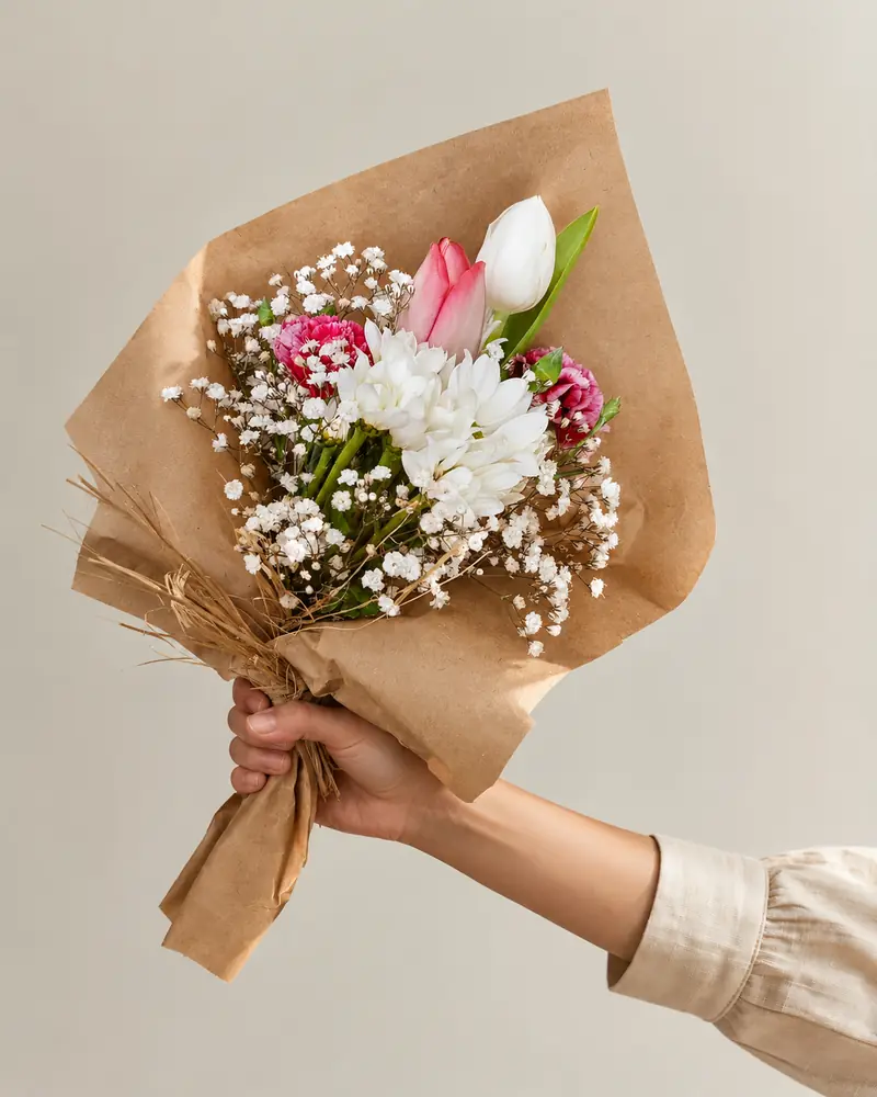 Example with sample flowers: a wrapped bouquet in the An open hand room, kept as made