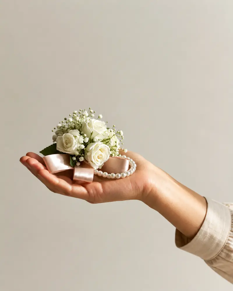 Example with sample flowers: a wrist corsage in the An open hand room, kept as made