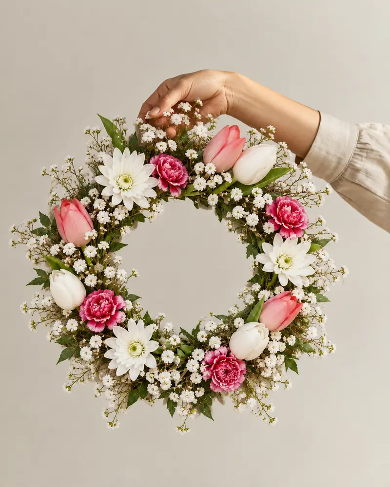 Example with sample flowers: a wreath in the An open hand room, kept as made