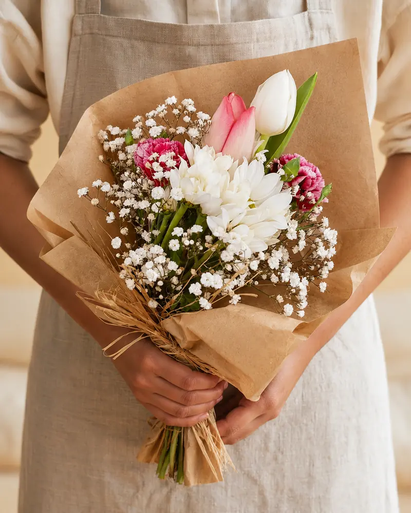 Example with sample flowers: a wrapped bouquet in the Florist hands · warm room, kept as made
