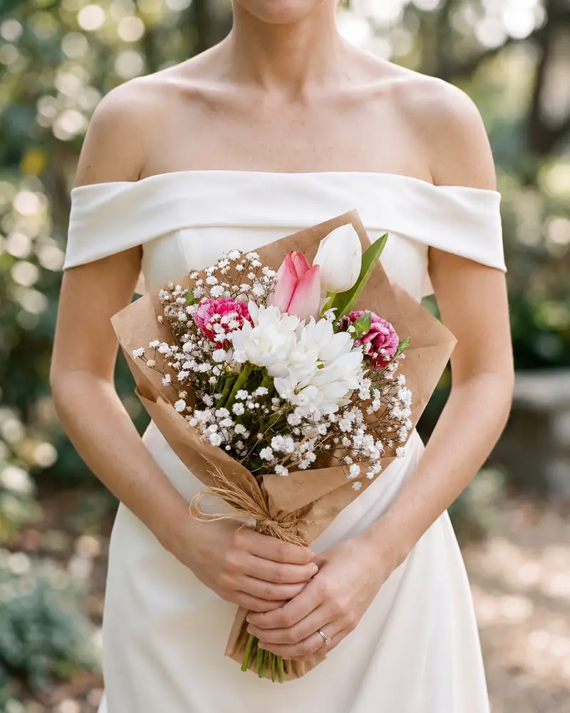 Example with sample flowers: a wrapped bouquet in the Satin bride · light room, kept as made