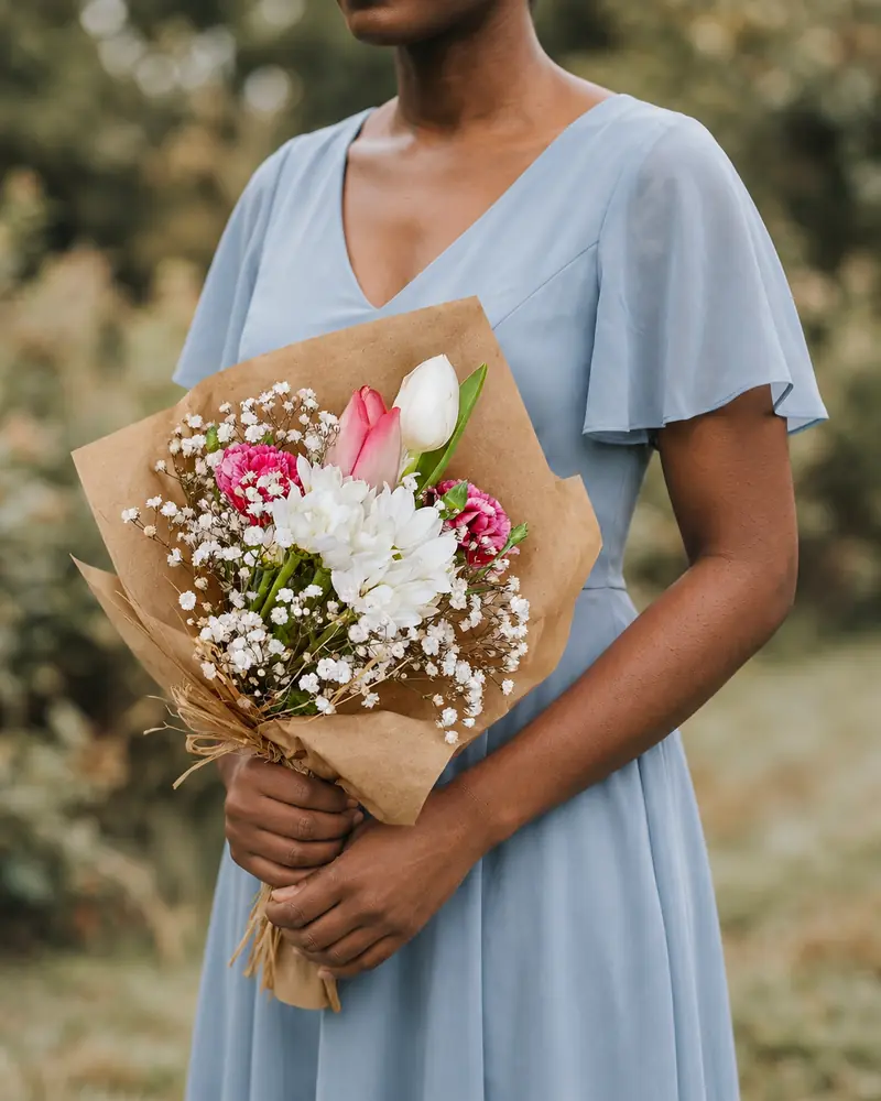 Example with sample flowers: a wrapped bouquet in the Bridesmaid · dusty blue room, kept as made