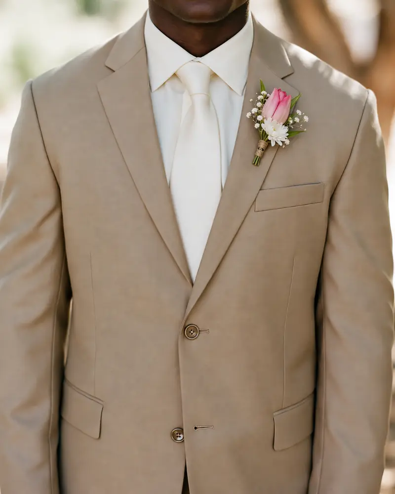 Example with sample flowers: a wrapped bouquet in the Groom · sand room, made into a buttonhole