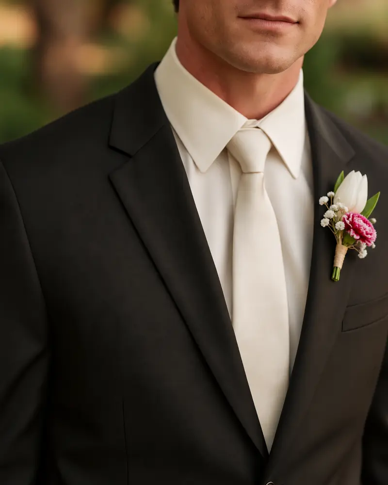 Example with sample flowers: a wrapped bouquet in the Groom · black tie room, made into a buttonhole