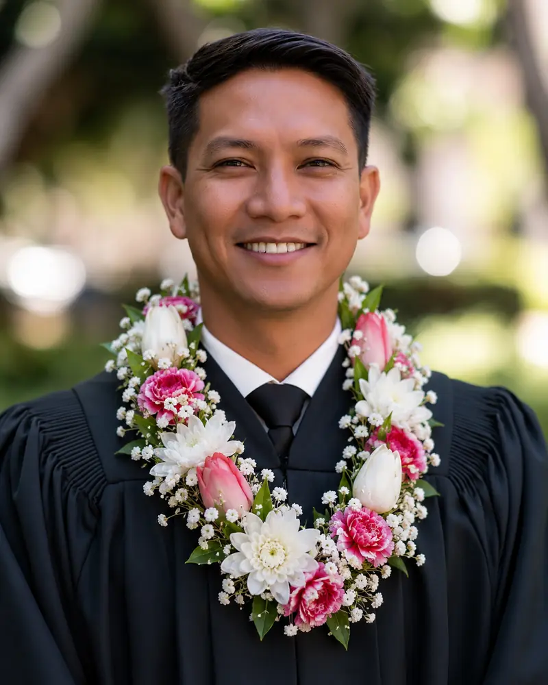 Example with sample flowers: a wrapped bouquet in the Graduation portrait room, made into a lei