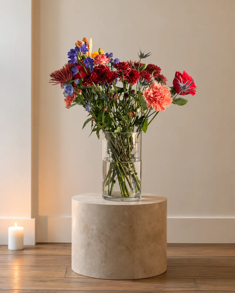 Example with sample flowers: a vase arrangement in the Calm stone pedestal room, kept as made