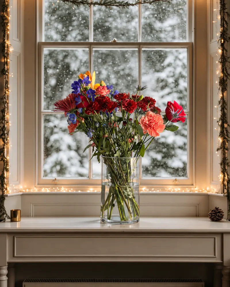 Example with sample flowers: a vase arrangement in the Snowy window seat room, kept as made